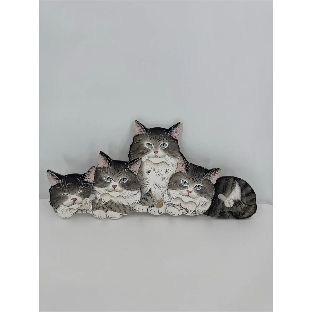 CATS Coat Hat Purse Hanger Rack Wall Mount Wood Hand Painted‎ Kitties VTG MEOW
